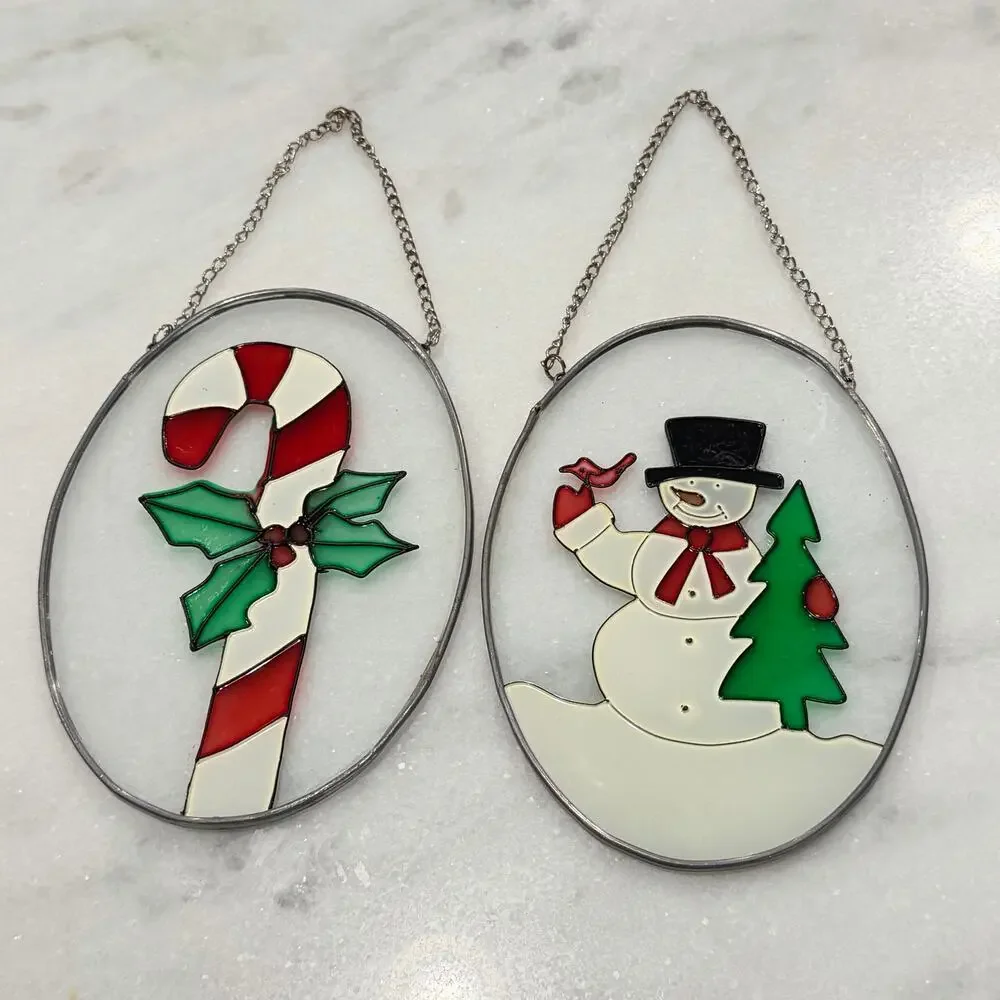 Vintage Christmas Window Suncatcher Faux Stained Glass Oval Metal Lot of 2